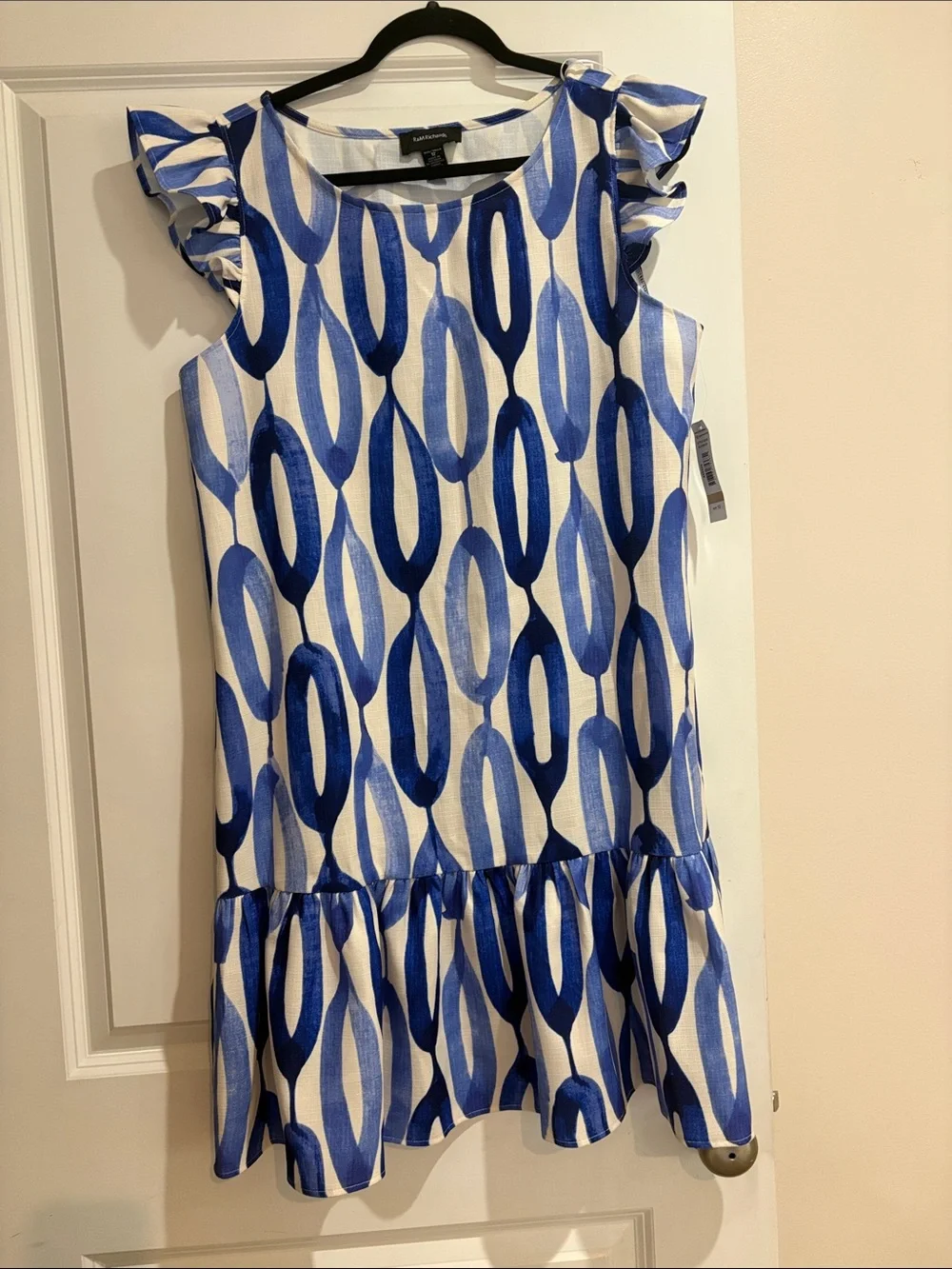 R&M Richards Blue and White Printed Ruffle-Sleeve Dress